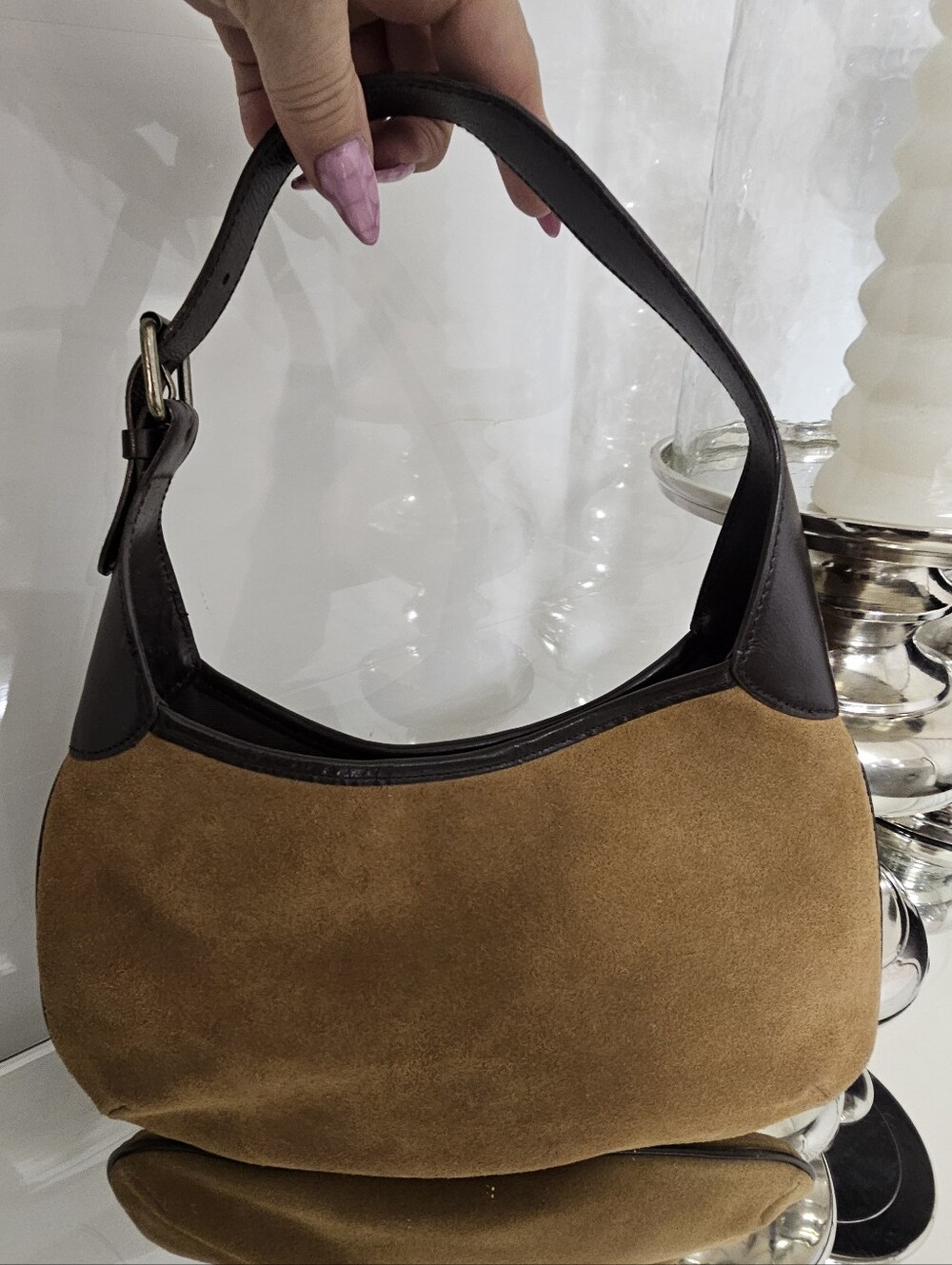 Banana Republic Tan Suede Shoulder Bag with Dark Brown Leather Trim